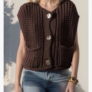 Cozy Brown Knit Cardigan with Gold Accents
